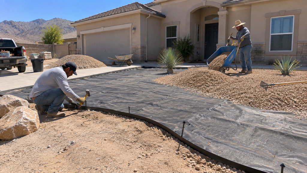 el-paso-rock-gravel-install-weed-barrier-edging-crew